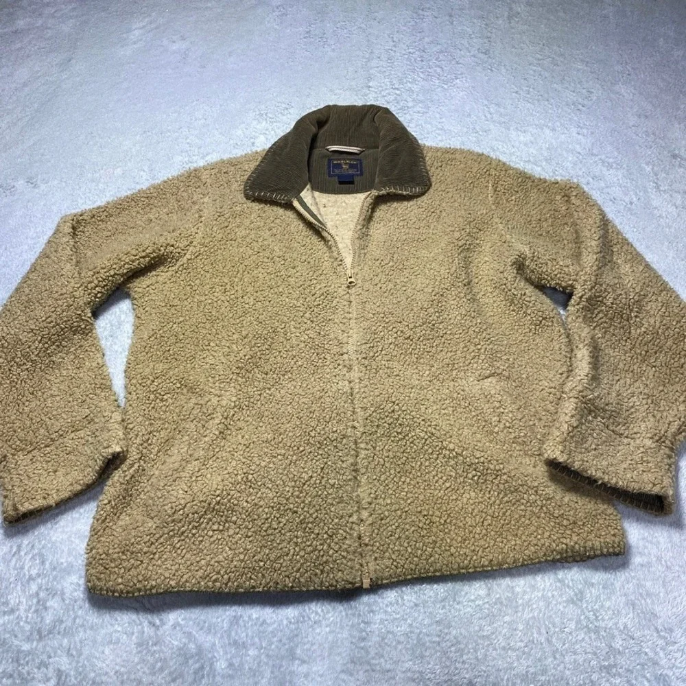 Woolrich Womens Large Sherpa Fleece Jacket Tan Corduroy Trim Full Zip Outdoor